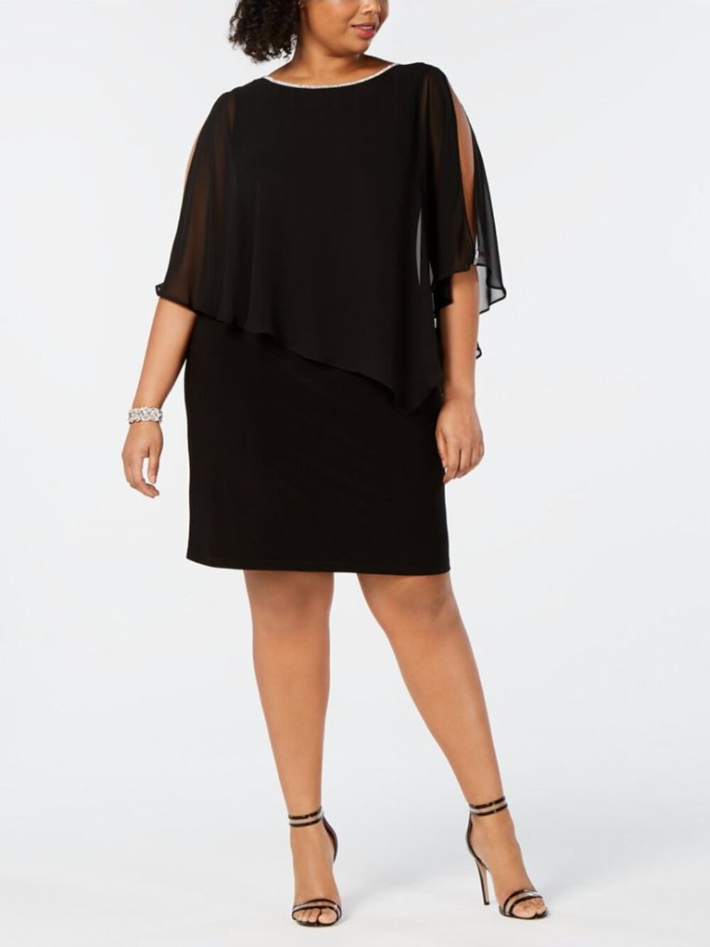 MSK Women's XL Black Rhinestone Trim Cape Overlay Cocktail Dress NWOT